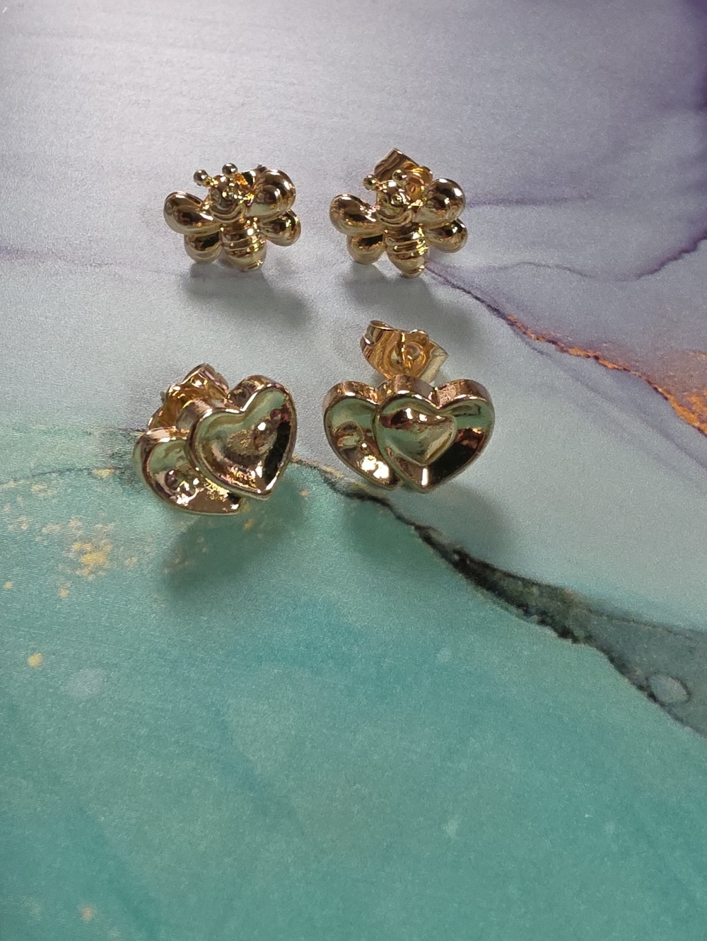 Gold Heart and Bee Stud Earring Set - Women Jewelry